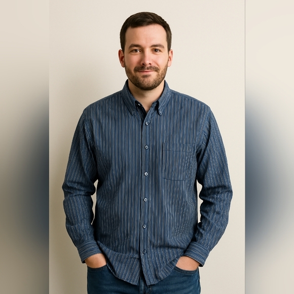 Eddie Bauer Wrinkle Resistant Relaxed Fit Shirt - Navy Striped, Size XL - Picture 2 of 4